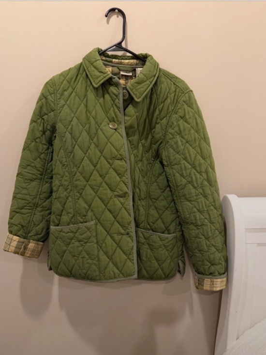 L.L. Bean Jackets & Blazers - XS Petite L.L. Bean Quilted Puffer Jacket with Plaid Cuff Trim, Olive Green